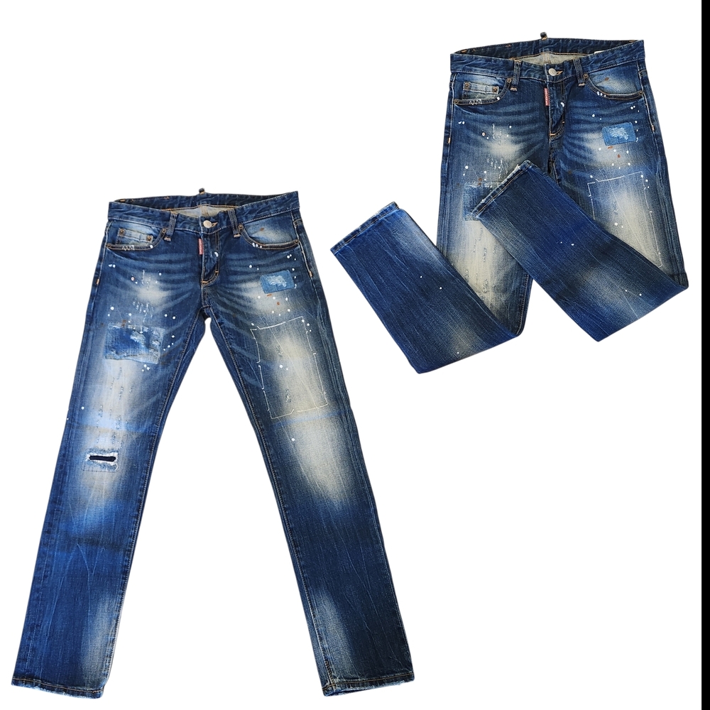 DSquared2 Women 29 Deconstructed Lowrise Paint Splatter  Cotton Slim Skinny Jean